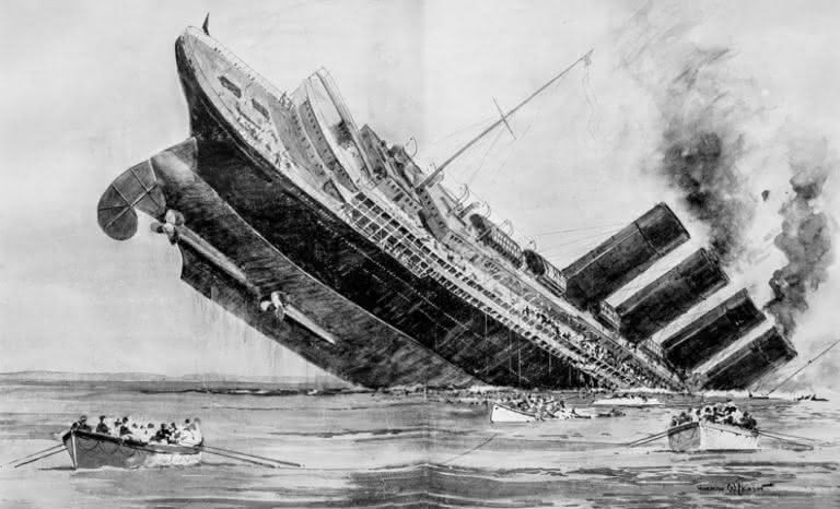 Illustration of the sinking of the RMS Lusitania from The Illustrated London News (1915) by Norman Wilkinson