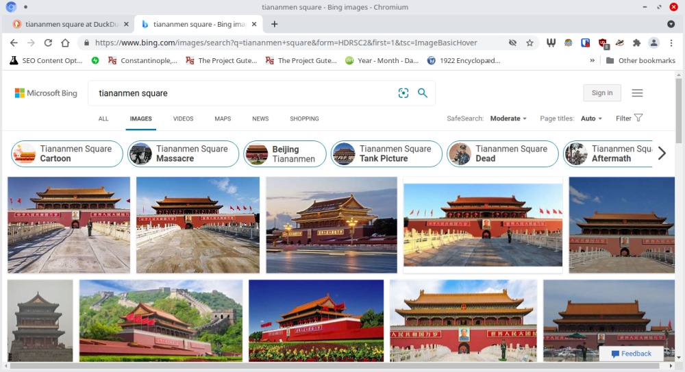 Image of Bing returning censored image results for "Tiananmen Square" on June 4, 2021