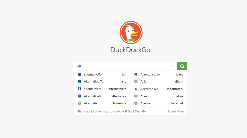 Selecting a DuckDuckGo bang for AlternativeTo.net