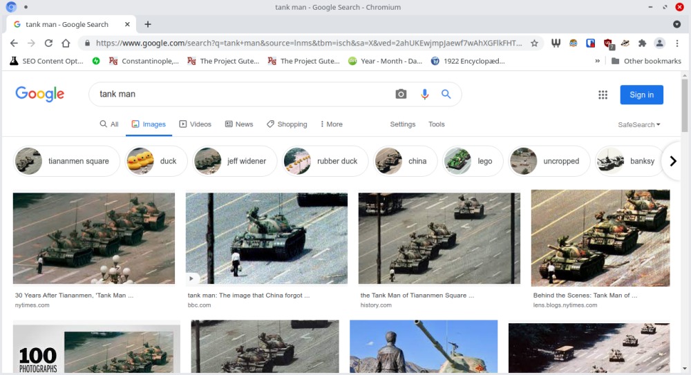 Google image results for "tank man" on June 4, 2021, while Bing was censoring the image results