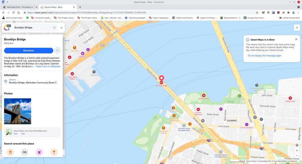 An image of the Brooklyn Bridge on Qwant Maps - Qwant Maps uses Open Street Maps data