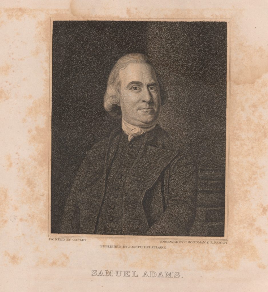 1824 engraving of founding father Samuel Adams, reprinted on parchment.