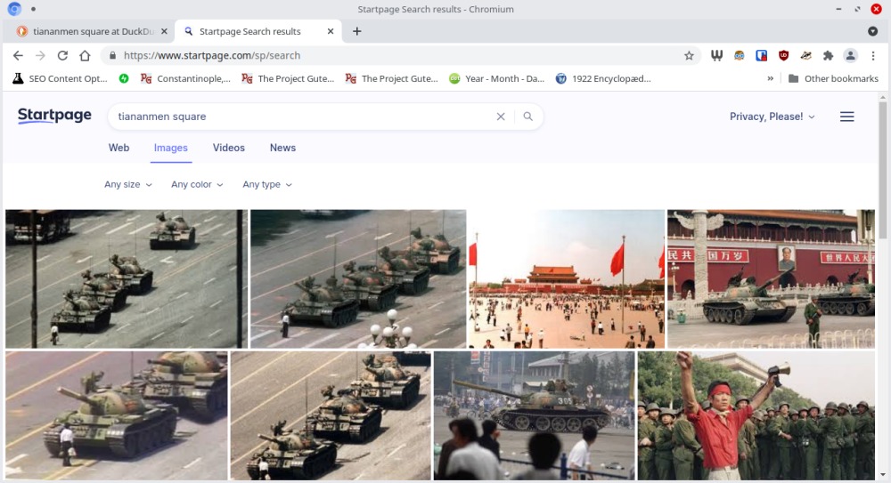 Startpage image results for the query "Tiananmen Square" on June 4, 2021