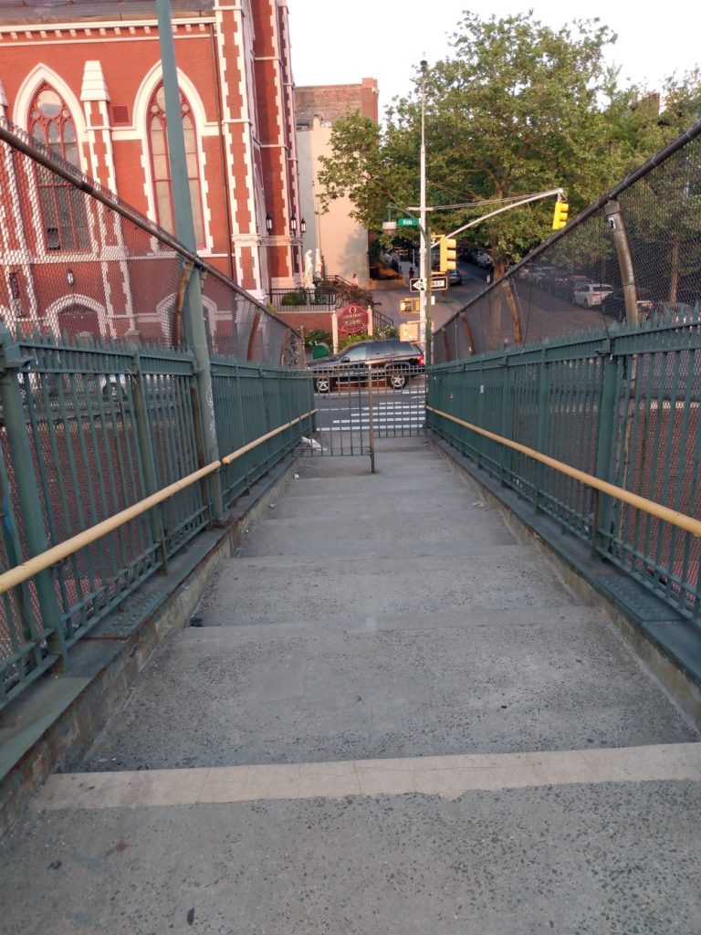 The steps of Brooklyn's Summit Street Bridge lead into Sacred Hearts & St. Stephens RC church in Carroll Gardens.
