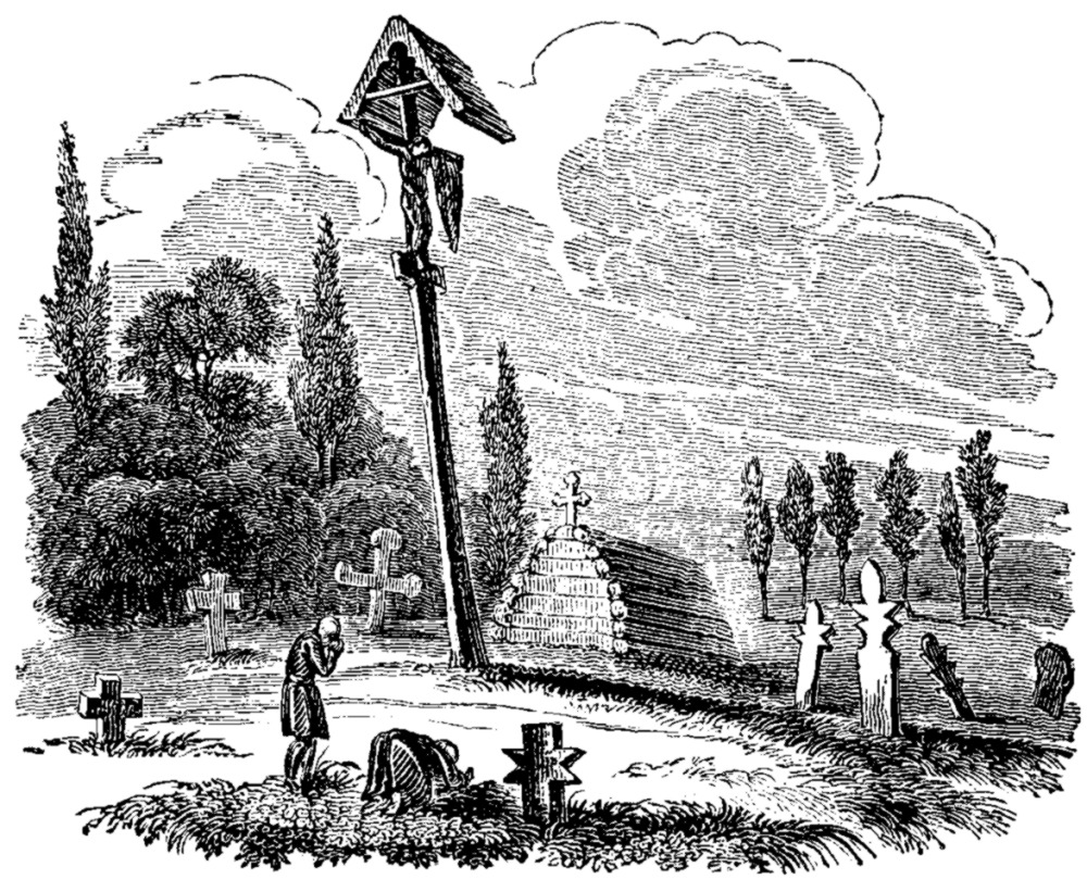 Wood cutting of a cemetery at Tchernigoff (Chernihiv) in 1813-1814 - first appeared in John Thomas James's "Journal of a Tour in Germany, Sweden, Russia, Poland, in 1813-1814"