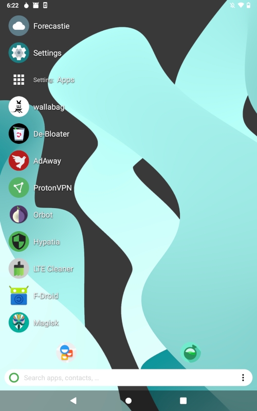 List of applications on LineageOS home screen with Kiss Launcher installed.