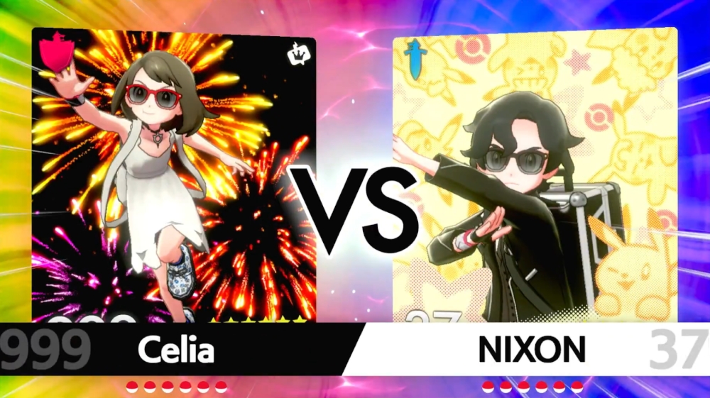 4th of July-themed Pokémon trainer battle cards for an online Pokémon Sword and Shield battle between the editors of The New Leaf Journal. On the left is N.A. Ferrell's character, Celia wearing a white dress against a fireworks background. On the right is Gurbo's character, NIXON, wearing all black and striking a pose.