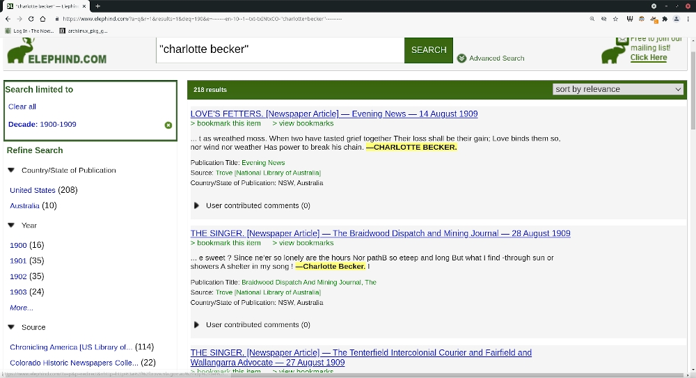 Elephind.com search result for query "Charlotte Becker" narrowed to between 1900-1909.