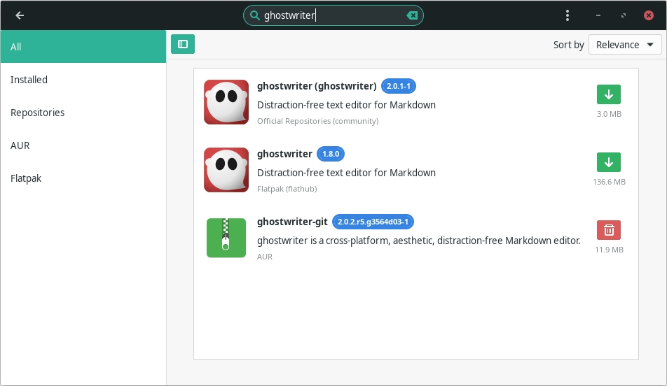 Three Ghostwriter packages in the GUI package manager for Manjaro Linux.