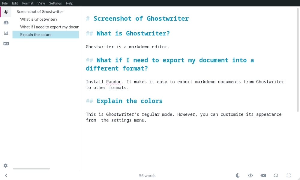 The Ghostwriter markdown editor (version 2.0.1-1) with dark mode disabled.