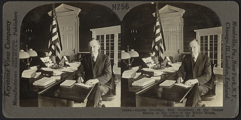 Two photographs of President Calvin Coolidge at his desk, property of the Boston Public Library.