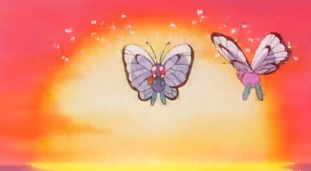 Ash's released Butterfree and its new mate in the Bye Bye Butterfree episode of the original Pokemon anime.