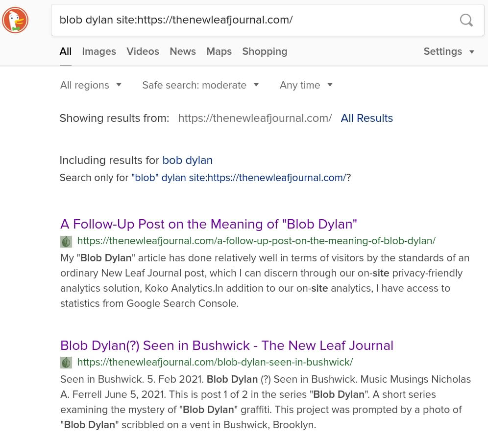 A DuckDuckGo search of The New Leaf Journal for the term blob dylan.