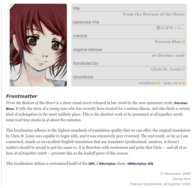 Descrpiton of the From the Bottom of the Heart visual novel from the al|together 2008 website.