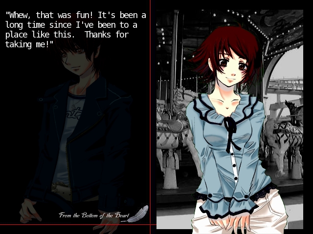 A scene from the From the Bottom of the Heart visual novel. Shirou, the player character, is on the left.  A mysterious girl is on the right. Shirou is overlaid by text. The background is a merry-go-round.