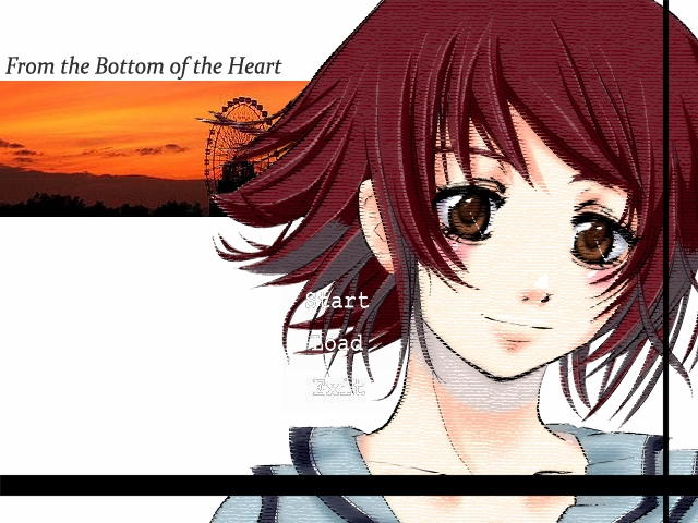 Title screen for Persian Blue's 2006 sound novel, From the Bottom of the Heart. It features a close-up head shot of the main heroine, a short-haired young woman, with a sunset scene featuring a Ferris wheel to her left.