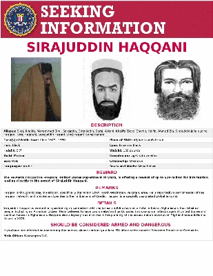 Thumbnail version of FBI poster seeking information leading to the capture of Sirajuddin Haqqani - promising reward of up to $10 million.