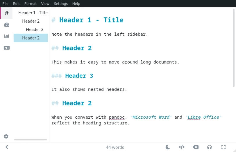 Example of how headers are presented in the Ghostwriter markdown editor.