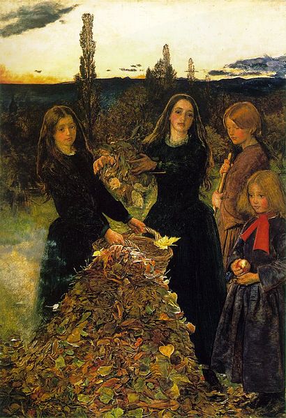 "Autumn Leaves" - a well-known 1856 oil painting of four girls around a pile of leaves in the twilight by John Everett Millais.