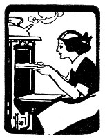 Illustratn of a woman placing a baking sheet in the oven from October 1913 edition of Armour's Monthly Cookbook.