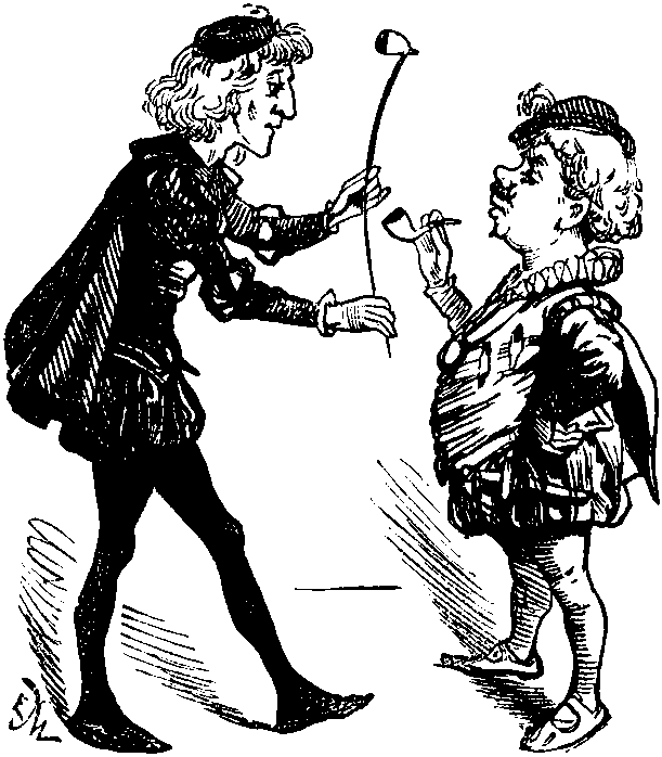 Image of a tall man with a pipe approaching a short man with a smaller pipe used to illustrate a humorus article titled SHAKSPEARE AND THE UNMUSICAL GLASSES in an 1891 issue of Punch Magazine.