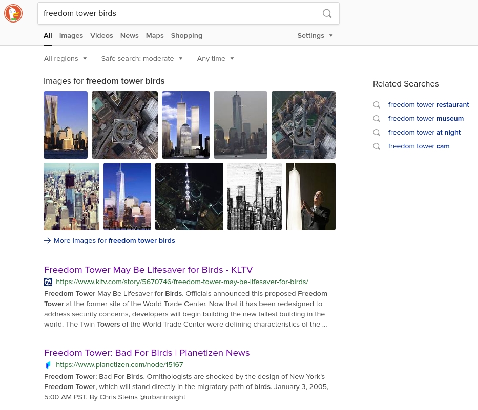 A September 16, 2021 screenshot of a DuckDuckGo search for "freedom tower birds" revealed that there are two sides to the question of how dangerous the Manhattan skyscraper is to our feathered friends.