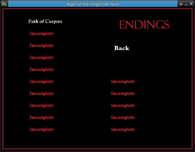 "Endings" menu for The Night of the Forget-Me-Nots douijin horror visual novel. The first ending, "The Path of Corpses," is completed. There are 14 other endings.