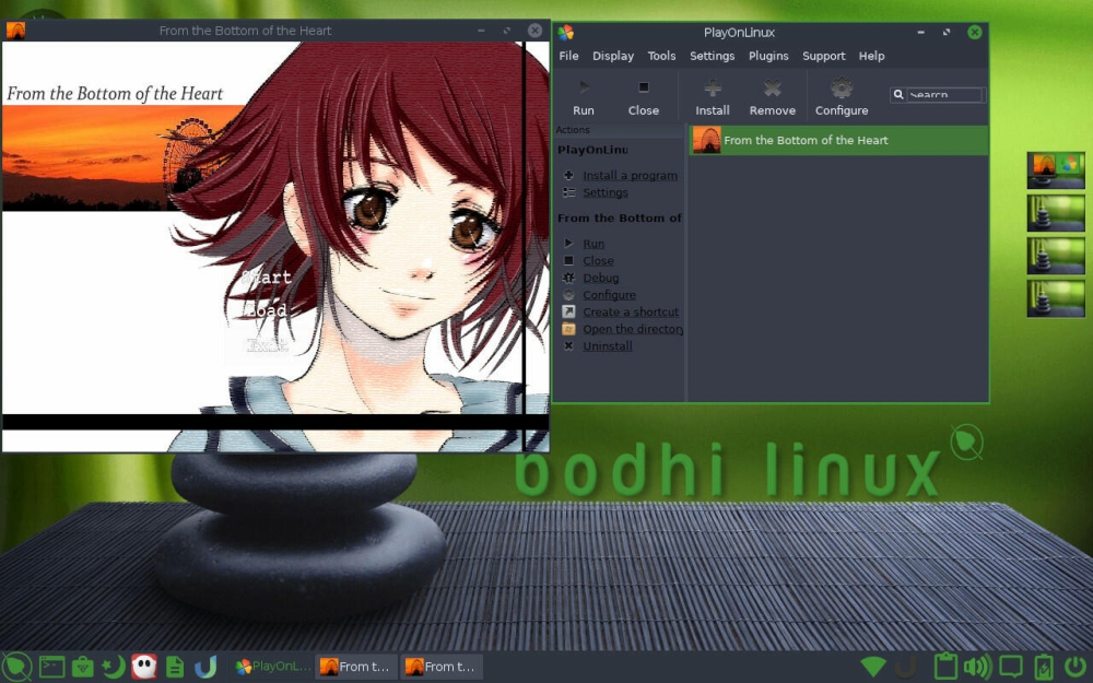 Running From the Bottom of the Heart, a mid-2000s freeware doujin sound novel, through PlayOnLinux on Bodhi Linux 6.0.0, which in turn is running on a 2007 MacBook.
