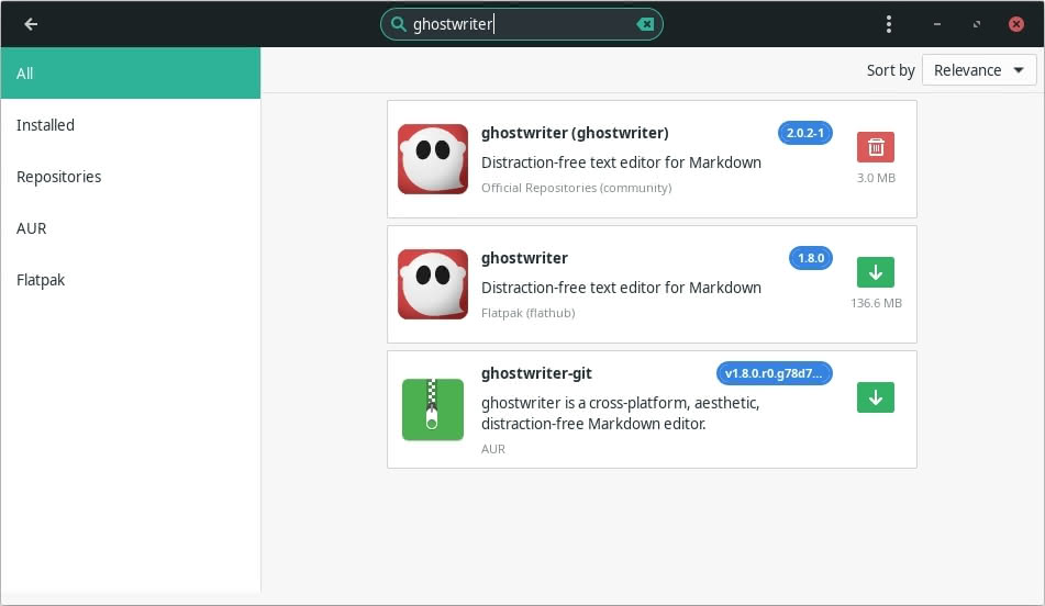 Three versions of Ghostwriter in Manjaro's GUI Pamac package manager.