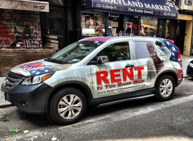 Jimmy McMillan's campaign car for the "Rent Is Too Damn High" party, pictured in 2013.