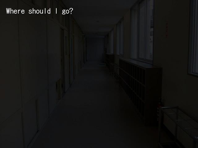 Scene set  in a dark school hallway in the doujin horror visual novel, Night of the Forget-Me-Nots.