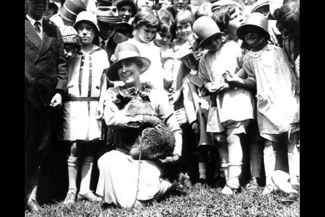 First Lady Grace Coolidge walks Rebecca the White House raccoon on a leash as children look on at the 1927 Easter Egg Rolling at the White House - Library of Congress digital ID npcc.16730.