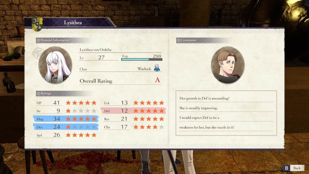 Lysithea's battle stats at level 27 in Fire Emblem: Three Houses.