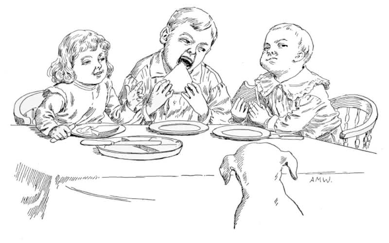 Illustration of three children eating pumpkin pie by A.M. Willard, from "The Story of a Pumpkin Pie" (1898).