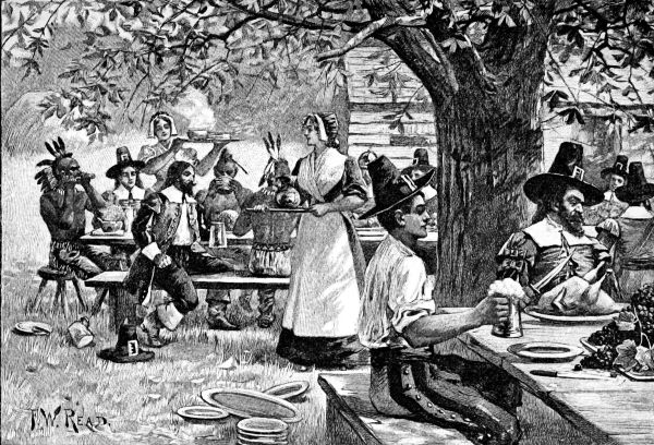 Illustration of the first American Thanksgiving dinner from "The Story of the Thirteen Colonies.
