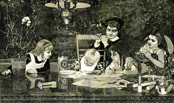 Illustration of a 5-year old boy named Bertie drawing, surrounded by his older brother and three sisters, for Harper's Young People's 1879 short story "The Little Genius"