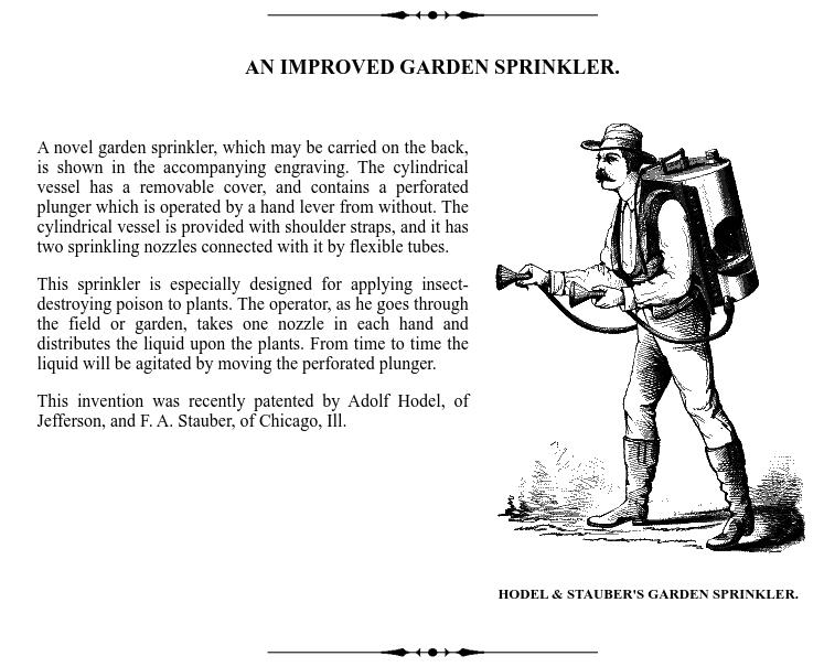 Article titled "An Improved Garden Sprinkler" clipped from the December 1878 issue of "Scientific American" on Project Gutenberg. 