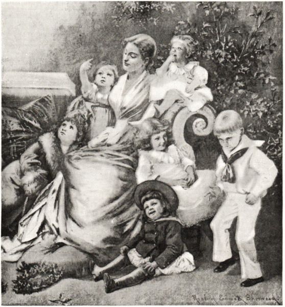 Illustration of a mother with six children that accompanied Margaret E. Sangster's poem "Christmas at the Door" in an 1896 issue of Harper's Round Table.