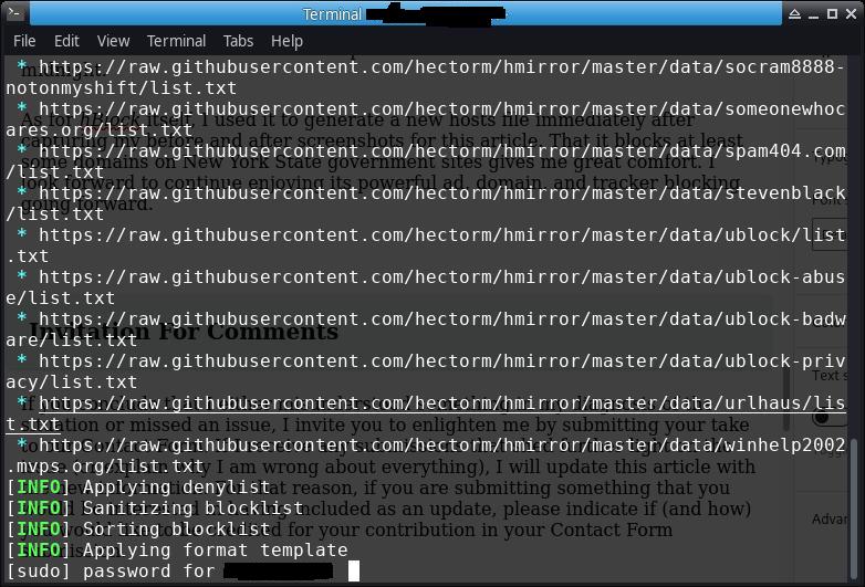 An XFCE terminal window showing the result of running the "hblock" command to build a hosts blocklist on Manjaro.
