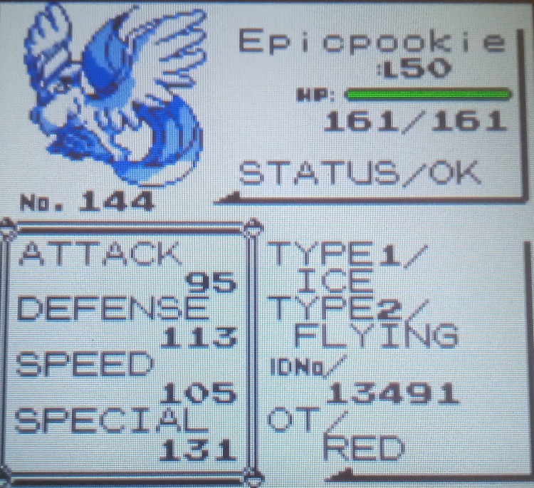 Screenshot of an Articuno named "Epicpookie" in Pokémon Yellow.