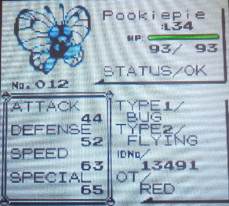 Shot of a level 34 Butterfree named "Pookiepie" in Pokémon Yellow.