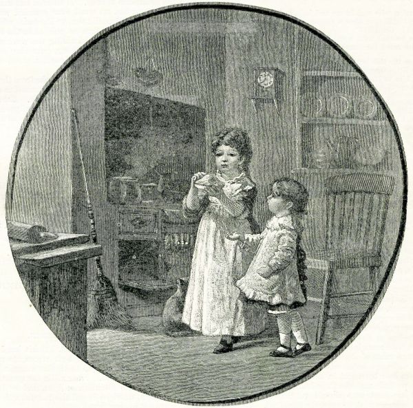 An illustration of a young girl named Kit holding her first hommeade pie, as her cat and younger sister wait for their piece.  The picture went with "Kitty's First Pie," a poem in an 1881 issue of Harper's Young People.