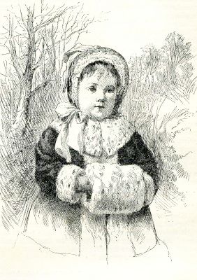 An etching of a little girl with a muff created for "My First Muff" - an 1881 poem that appeared in Harper's Young People.