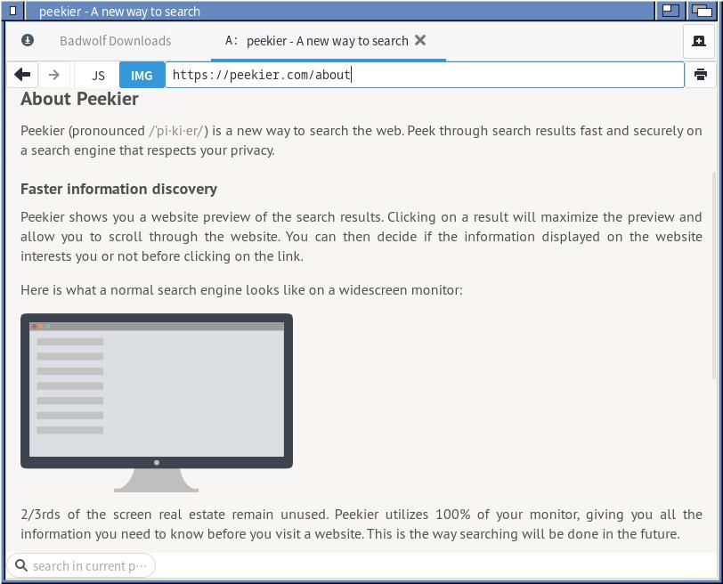 Capture of the About page for the Peekier search engine.