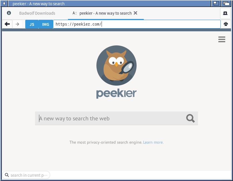Capture of the homepage for the Peekier search engine.