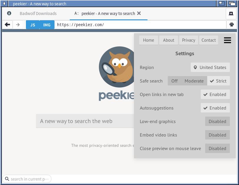 Capture of the menu options for the Peekier search engine.