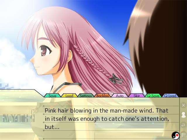 A scene from the MYTH visual novel where Meito first encounters the pink-haired Shimon.