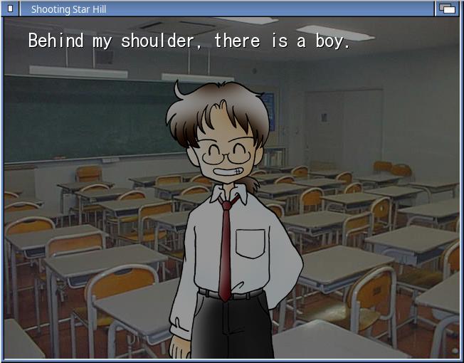 The player meets a classmate on his first day of school in the Shooting Star Hill visual novel.