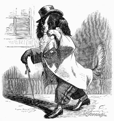 A classy looking biped dog dressed as a gentleman from an 1877 edition of Mother Goose's Nursey Rhymes.