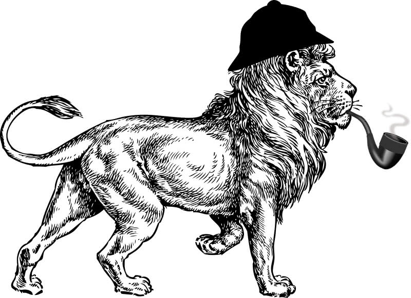 "Sherlock Lion" from Woofer depicts a lion with Sherlock Homes' hat and pipe.  Public Domain image from Openclipart.